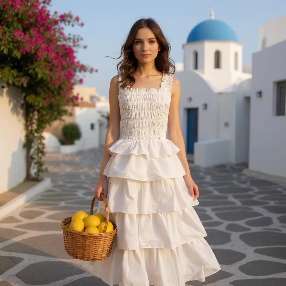 English‎ Factory Maxi Dress Gown Women's Medium Smocked Ruffled White Cotton